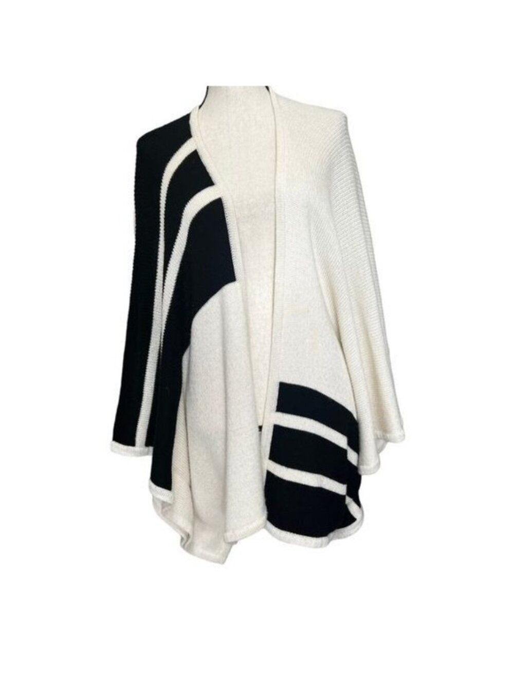Brochu Walker Womens Sweater OS Black & White Open Front Poncho Alpaca Blend